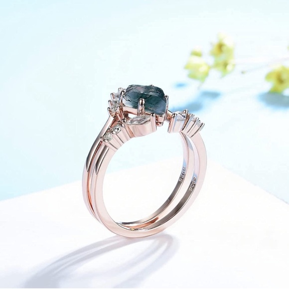 14k Rose Gold Vintage Kite Moss Agate Diamond Engagement Wedding Rings - Picture 3 of 12
